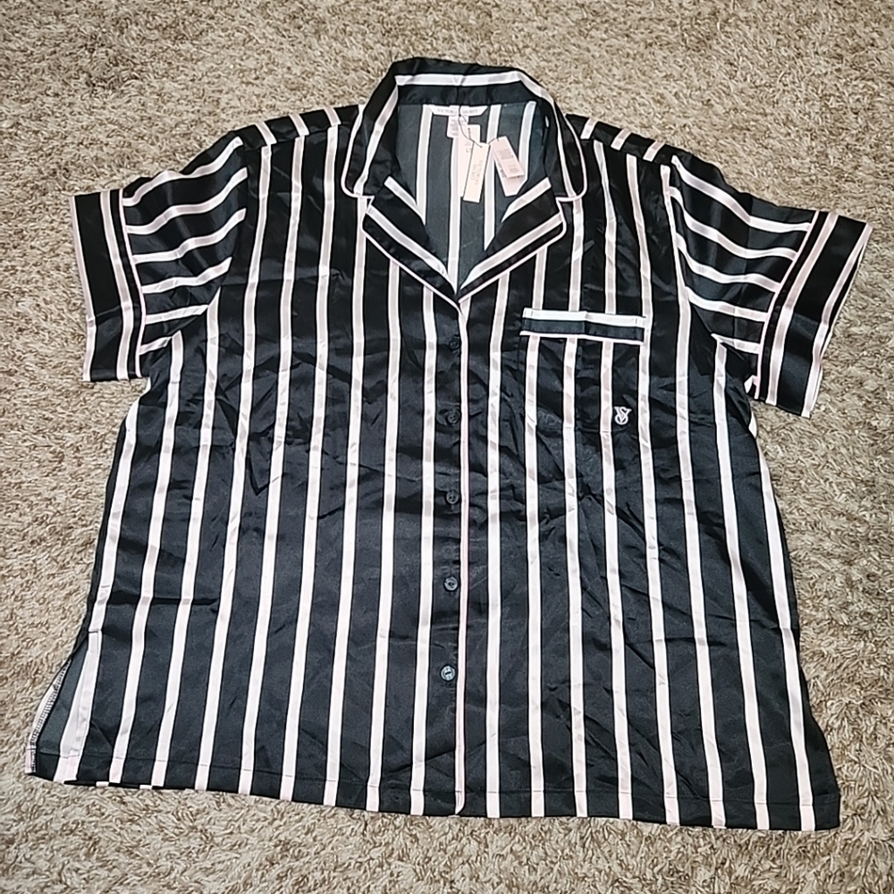 Victoria's Secret Black &pink Classic Stripe Satin Short Sleeve